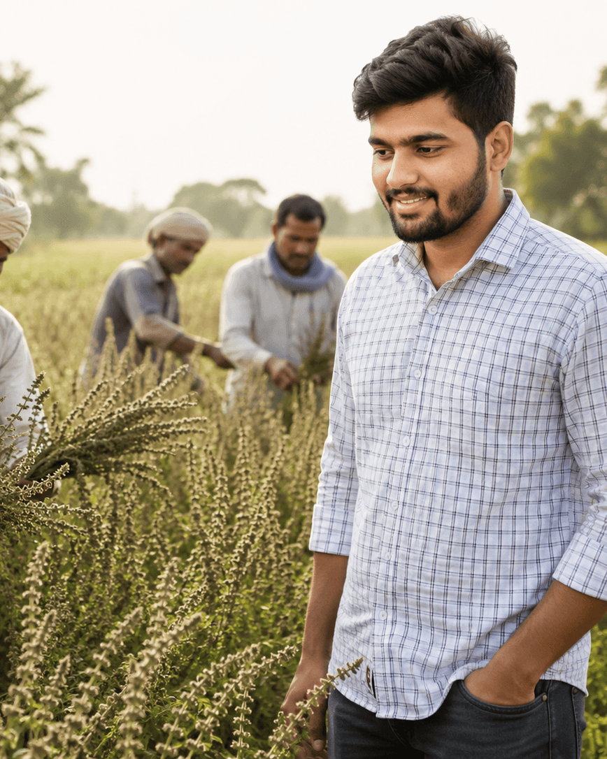 Sahil Patidar with growers, harvesting in the Malwa belt