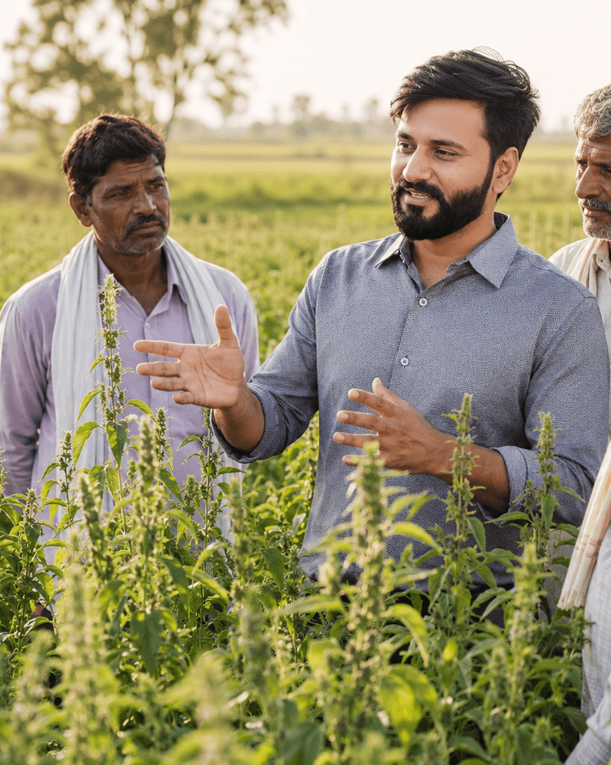 Sahil Patidar in discussion with growers in the field